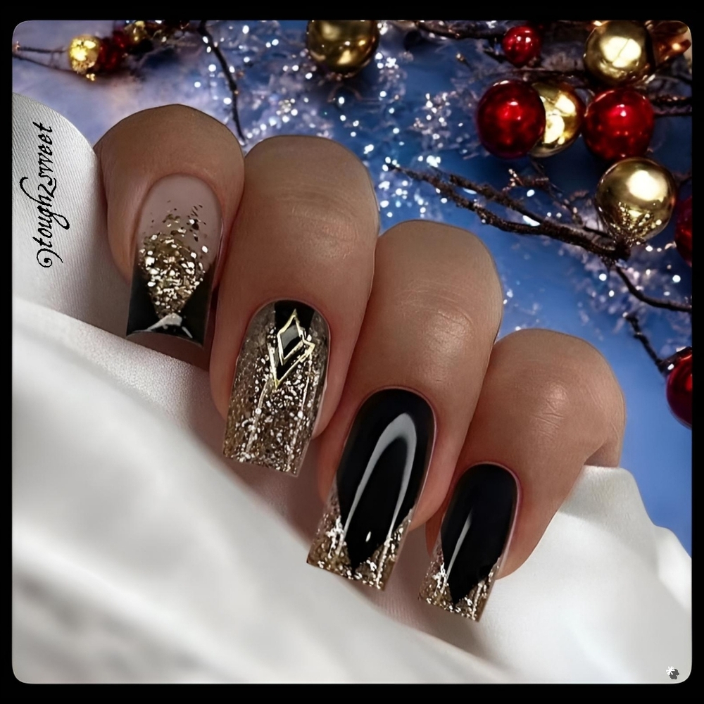 🆕$6 OR 2 FOR $10 BLACK & GOLD GLITTER COFFIN DESIGNER 24 PRESS ON NAILS